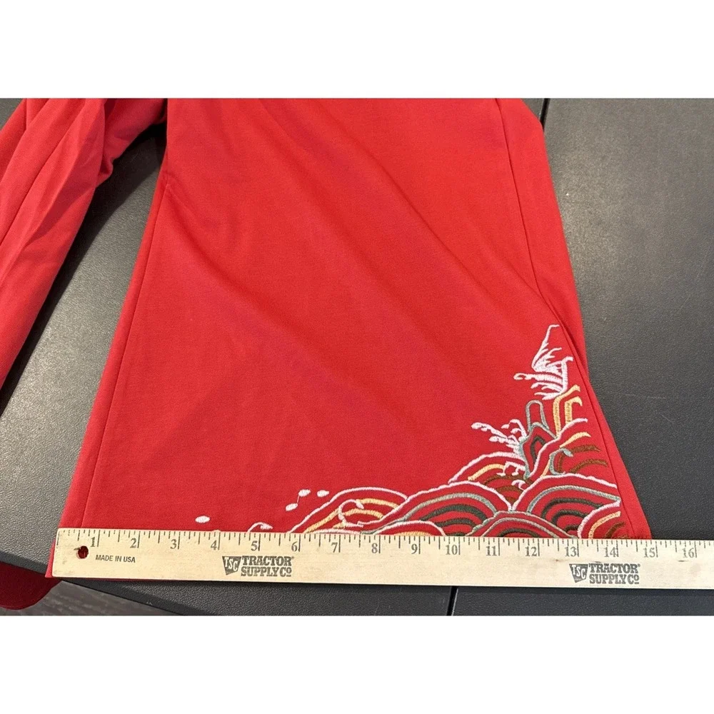 Womens XS Red Knit Wide‎ Flare Leg Pants Embroidered Hem Pocket Asian Style Boho